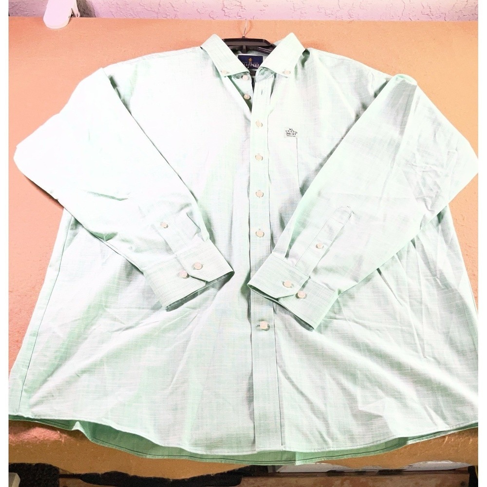 Stafford Signature Mens XL 17-17.5 36-37 Regular Fit Green Textured Slub Shirt
